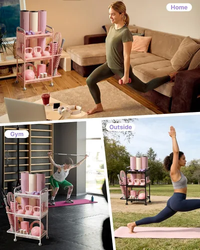 Miniatura 6 de YOTTOY Estante de almacenamiento de gimnasio de 3 niveles para gimnasio en casa, estante de pesas multifuncional, soporte para mancuernas, soporte