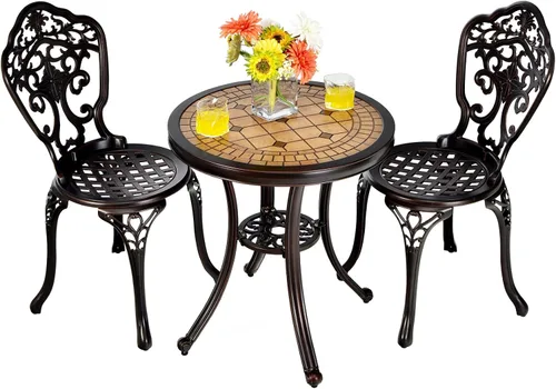 Giantex Juego de 3 piezas de patio bistró, mesa y sillas de patio de aluminio fundido con pies ajustables, sillas de comedor al aire libre y juego