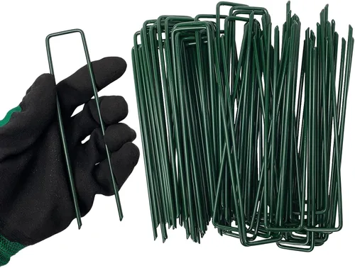15 estacas de metal para jardín, grapas de paisaje de 6 pulgadas, estacas de esmalte verde horneadas en U para suelo para barrera de malezas,