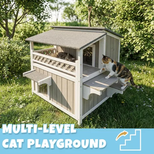 Miniatura 4 de Casa de madera para gatos para exteriores e interiores, resistente a la intemperie, refugio para gatos de dos pisos, hogar cerrado para gatos