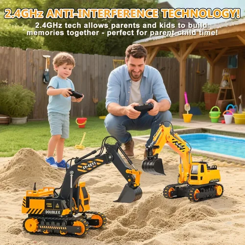 Miniatura 5 de DOUBLE E Juguete de excavadora a control remoto, excavadoras a control remoto, caja de arena, juguetes de construcción hidráulicos, vehículo