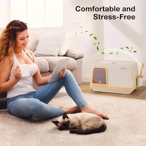 Miniatura 7 de ZOMISIA Stainless Steel Cat Litter Box, Extra Large Covered Litter Box with Lid, Scoop, Odor Control Filter, XL Side/Top Entry Enclosed Cat Boxes