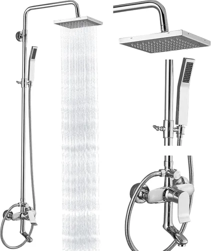 Miniatura 12 de Heyalan Juego de sistema de ducha de lluvia negro mate, sistema de ducha expuesto, 3 funciones, grifo de ducha de baño giratorio de 8 pulgadas