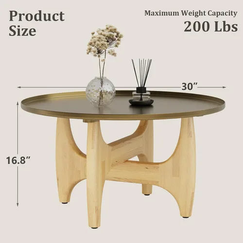 Miniatura 2 de ACEDÉCOR Mesa auxiliar redonda de 30 pulgadas, mesa central dorada cepillada con bandeja de borde bajo y base de madera maciza en X para sala