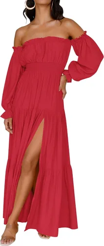 Miniatura 26 de ZESICA - Vestido largo, bohemio y sexy, con hombros descubiertos y manga larga fruncida, con elástico fruncido, cintura alta y abertura lateral