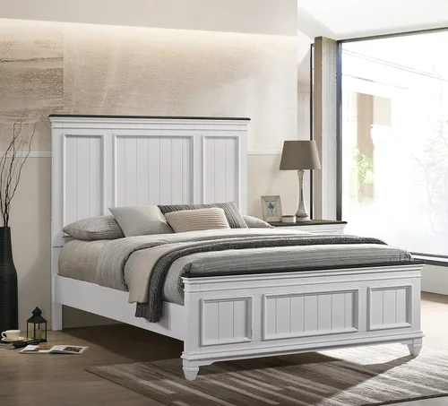 Roundhill Furniture Clelane Shiplap - Cama con paneles de madera, tamaño Queen, color blanco desgastado y nogal