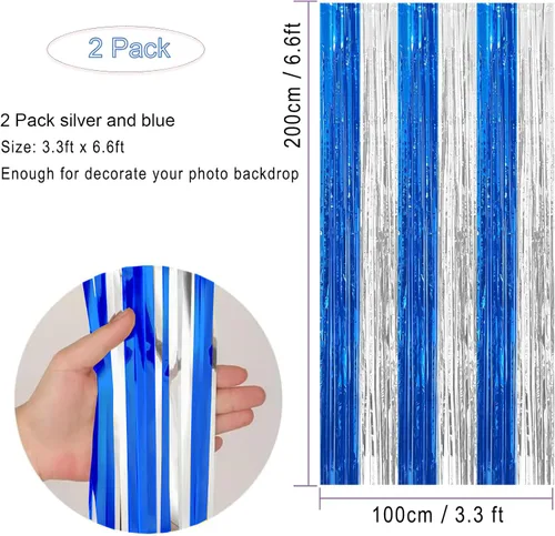 Miniatura 3 de Paquete de 2 cortinas de flecos de papel de aluminio azul y plateado, accesorios para cabina de fotos, telón de fondo de oropel para graduación