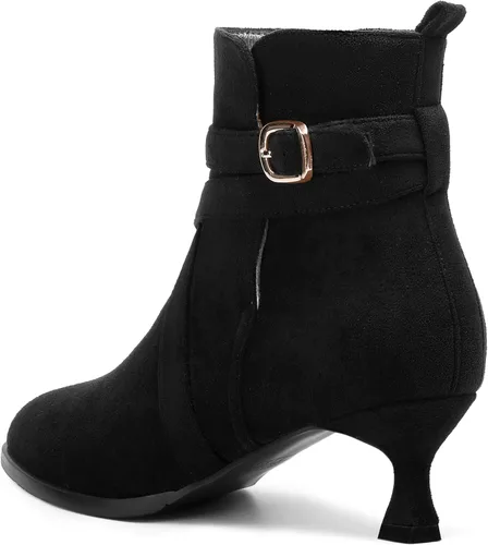 Miniatura 7 de MODENCOCO Vestido de gamuza para mujer, puntera redonda, correa de tobillo, hebilla de moda, tacón bajo, botas altas hasta el tobillo, 2 pulgadas