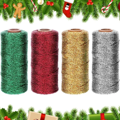 Cuerda metálica para panaderos de 440 yardas totalmente navideña, cuerda decorativa para envolver regalos, 4 colores, oro, plata, rojo, verde, 4