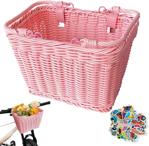 Miniatura 12 de Cesta de bicicleta para niños y niñas, cesta de scooter para niños, bonita cesta cuadrada de mimbre para niños y niñas, manillar desmontable con Azul