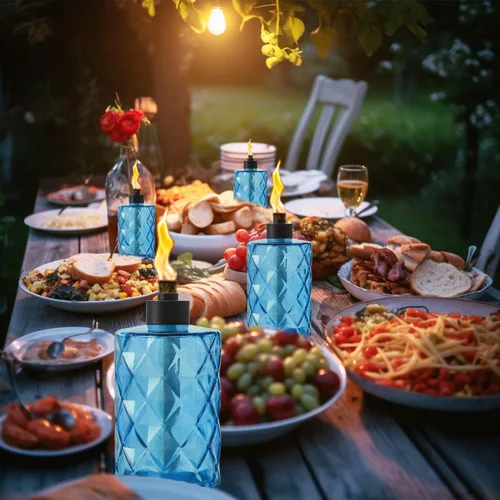 Miniatura 5 de Paquete de 4 linternas de mesa de cristal azul con mecha y tapa, linternas de citronela al aire libre, linterna de llama recargable, linterna