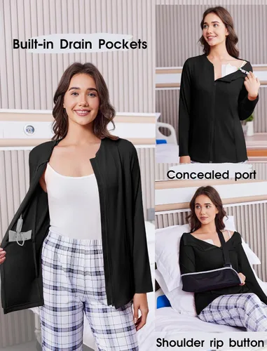 Miniatura 6 de Deyeek Camisas de mastectomía con bolsillos de drenaje, para después de la cirugía de hombro, tops para mujer de quimioterapia de manga larga