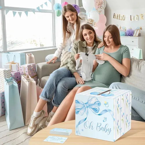 Miniatura 6 de Funrous 51 boletos para rifa de pañales con caja para invitaciones de juegos de baby shower, tarjeta de rifa de pañales para revelación de género