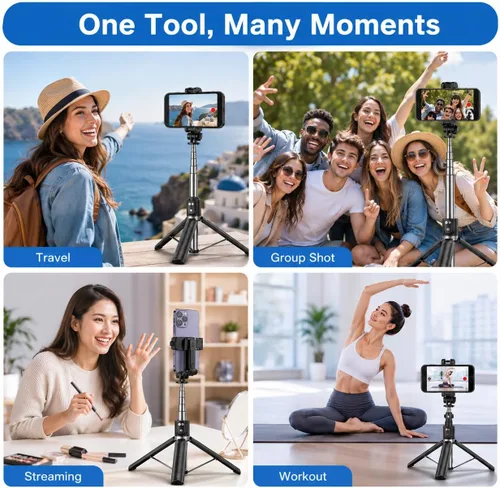 Miniatura 5 de Trípode negro para iPhone con luz, soporte de luz de anillo para iPhone, soporte ajustable para selfie stick con luz de relleno, trípode extensible