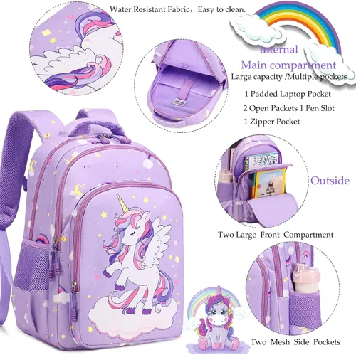 Miniatura 59 de Juego de mochila para niñas con diseño de unicornio, mochila escolar para niños, mochila para libros para niñas, set 3 en 1, regreso a clases