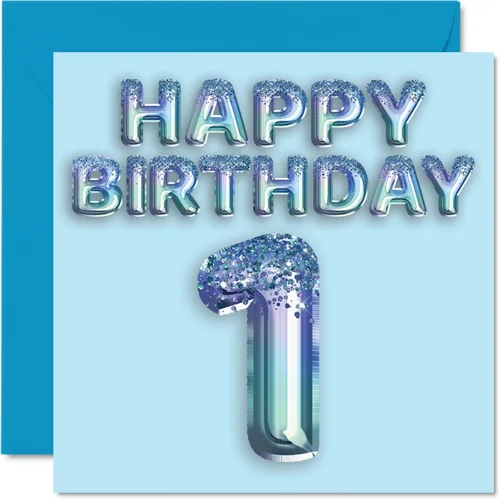 Stuff4 Tarjeta de primer cumpleaños para niños, globo de fiesta con purpurina azul, tarjetas de feliz cumpleaños para niño de 1 año, nieto, hijo, 57