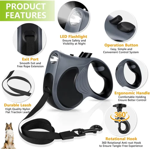 Miniatura 3 de Correa retráctil para perro con linterna, correa de paseo para perros de hasta 77 libras, correa de nailon sin enredos de 360°, mango Gris