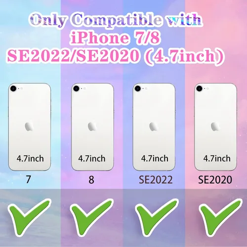 Miniatura 2 de Funda 3 en 1 para iPhone SE/7/8: diseño de mariposa 3D, purpurina, brillante, cristal, estilo lindo femenino, cadena y protector de pantalla