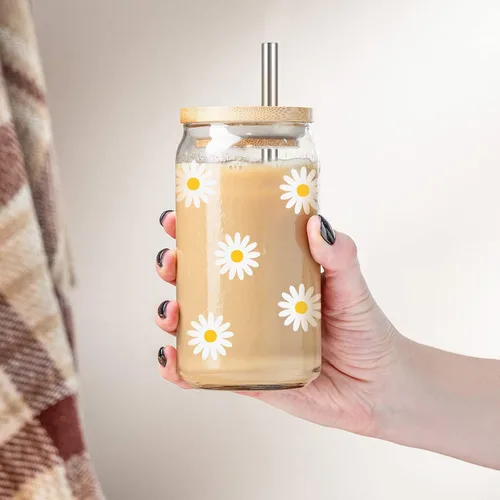 Miniatura 5 de GSPY Daisy Regalos Estéticos, Taza de Café Helado, Lindas Tazas de Vidrio con Tapas y Popotes - Lindas Tazas, Taza de Flores, Vaso de Vidrio
