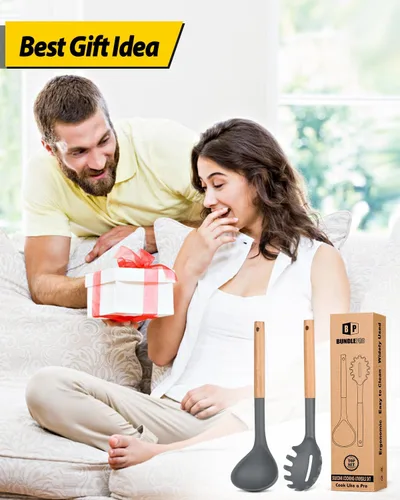 Miniatura 7 de Juego de tenedor y cucharón de silicona para pasta con mango de madera, utensilios de cocina antiadherentes resistentes al calor para cocinar, Gris