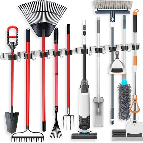IMILLET - 2 unidades de soporte para escoba con montaje en pared de acero inoxidable, 5 estantes con 4 ganchos, organizador de escobas autoadhesivo,