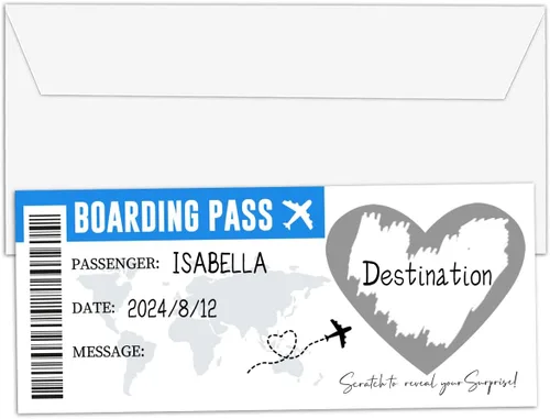 Tarjeta de embarque de boletos de viaje sorpresa para rascar (1 juego), tarjeta de rascar plateada de 3.5 x 8 pulgadas, regalo para vacaciones,
