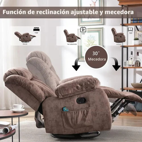 Miniatura 5 de CANMOV Sillón Mecedora Reclinable de Masaje con Calor y Vibración, Giratorio Manual de 360 Grados, Tela Antideslizante, Sofá Individual de Servicio