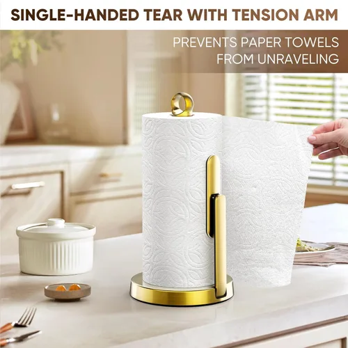 Miniatura 7 de theaoo Toallero de papel de acero inoxidable resistente con brazo de tensión, fácil de rasgar con una sola mano, moderno dispensador de encimera
