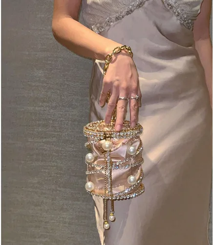 Miniatura 6 de Bolso bandolera metálico de lujo con diamantes de imitación para mujer, diseño de cadena de perlas 2025, ideal para vacaciones, fiestas, bodas