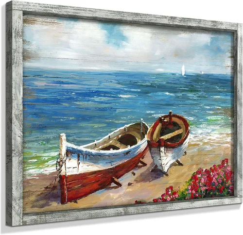Miniatura 11 de Pintura enmarcada de paisaje marino: arte abstracto del océano, imagen costera, impresiones de veleros en madera en estilo moderno para decoración