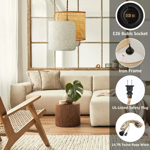 Miniatura 6 de Lámpara colgante boho con enchufe, lámpara de araña boho regulable sin escalones con pantalla tejida de bambú y lino, lámpara colgante enchufable