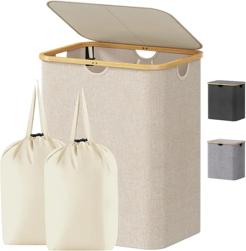 Miniatura 16 de Lifewit - Cesta de ropa sucia de 100L con tapa, cestos para la ropa con asas de bambú y una bolsa extraíble, cesto grande plegable para la ropa