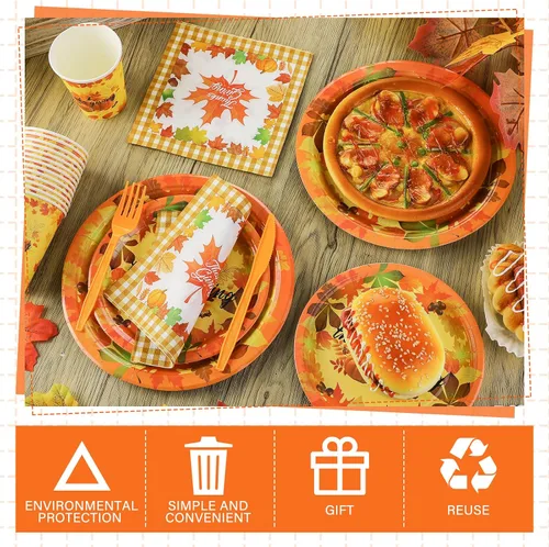 Miniatura 6 de Bokon 240 platos y servilletas de papel de Acción de Gracias, hojas de arce, calabaza, decoraciones de fiesta, otoño, desechables, incluye platos