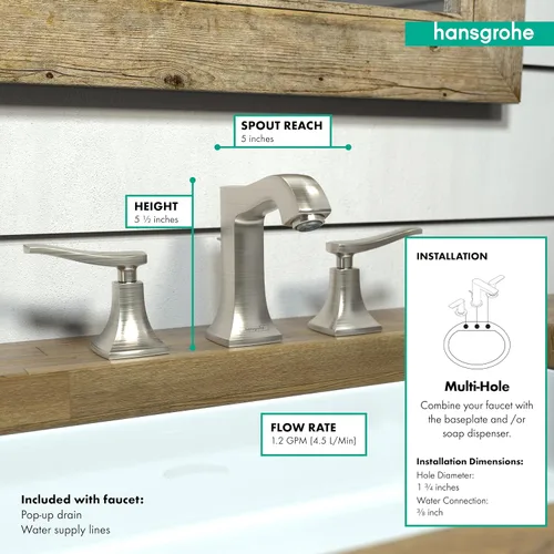 Miniatura 5 de hansgrohe Metris C 31073821 - Grifo de lavabo de baño de 3 agujeros de repuesto clásico fácil de limpiar en níquel cepillado cepillado níquel