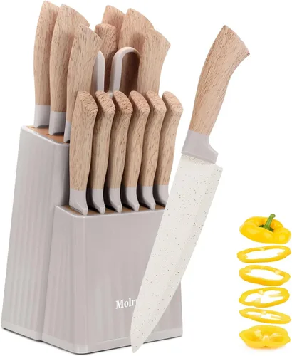 Juego de cuchillos de cocina caqui de 15 piezas para el hogar, revestimiento de cerámica antiadherente de granito, juegos de cuchillos de chef