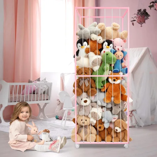 Miniatura 7 de Almacenamiento de animales de peluche, tubo de metal extra grande organizador de almacenamiento de juguetes con ruedas de freno, soporte