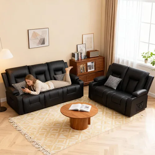 Miniatura 3 de COMHOMA Juego de muebles para sala de estar, juegos de sofás reclinables manuales de cuero sintético con portavasos, sofá reclinable, loveseat