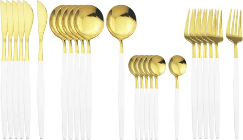 Juego de cubiertos dorados con mango blanco, 24 piezas de acero inoxidable brillante, cubiertos para 6, aptos para lavavajillas Mango blanco dorado