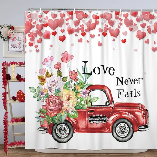 Miniatura 12 de NYMB Cortina de ducha de San Valentín con corazón rosa, romántica con purpurina y lindo gnomo en caída romántica de corazones rojos, cortina