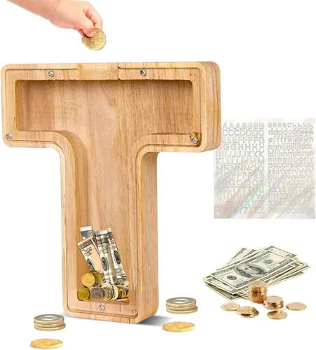 Miniatura 15 de Alcancía de Madera Personalizada con Letras del Alfabeto, Banco de Monedas con Letras del Alfabeto para Niños, Niñas y Bebés, Tamaño Grande, 26