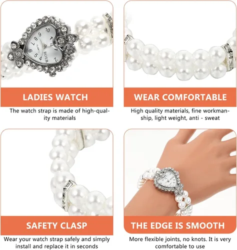 Miniatura 6 de Hemobllo - Reloj de cuarzo para mujer, con perlas elásticas, con esfera de corazón y diamantes de imitación, estilo casual, para niñas, regalo