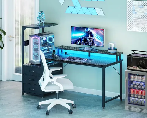 Miniatura 4 de Casaottima - Escritorio de 52 pulgadas para juegos con puertos de carga USB y luz LED - Escritorio reversible para computadora con 3 cajones