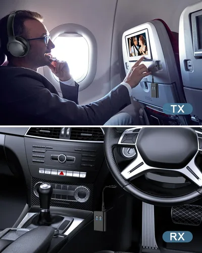 Miniatura 2 de Receptor transmisor Bluetooth 5.2, adaptador inalámbrico de avión 2 en 1, doble enlace AptX adaptativo/baja latencia/audio HD, adaptador auxiliar
