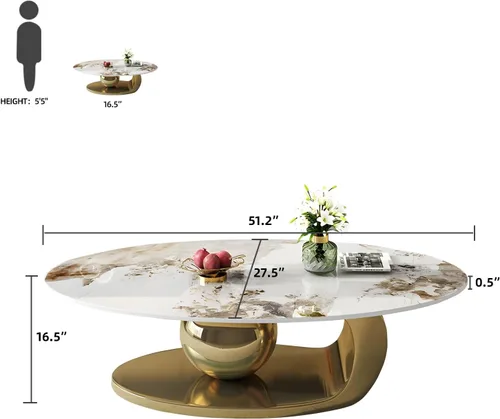 Miniatura 2 de Mesas de centro modernas de 51.2 pulgadas para sala de estar, mesa central ovalada de mármol con base dorada de metal de lujo, resistente al calor