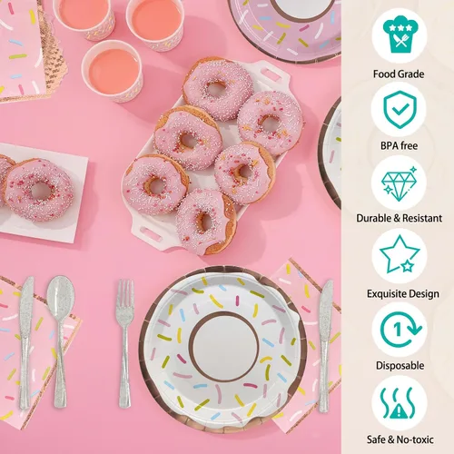 Miniatura 3 de ZULYSTO Juego de vajilla de 175 piezas de platos de papel rosados para 25 invitados, decoraciones desechables, platos de papel de dona, tazas