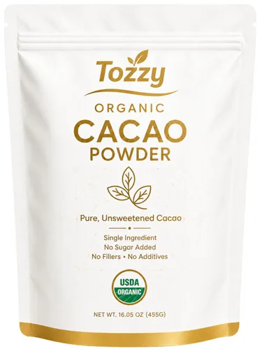 Tozzy Cacao orgánico en polvo sin azúcar, cacao puro orgánico USDA, un solo ingrediente, sin azúcar añadido, rico sabor a chocolate para hornear,