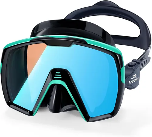 Freela Adult Snorkel Diving Mask with Nose Cover, Tempered Glass Anti Fog Waterproof 180° Panoramic Wide View Scuba Free Diving Goggles for Men Women