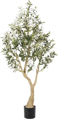 Miniatura 10 de Realead Árbol de olivo sintético de 4 pies – Plantas realistas de olivo de interior – Olivo falso con tronco grueso y frutas realistas – Olivos