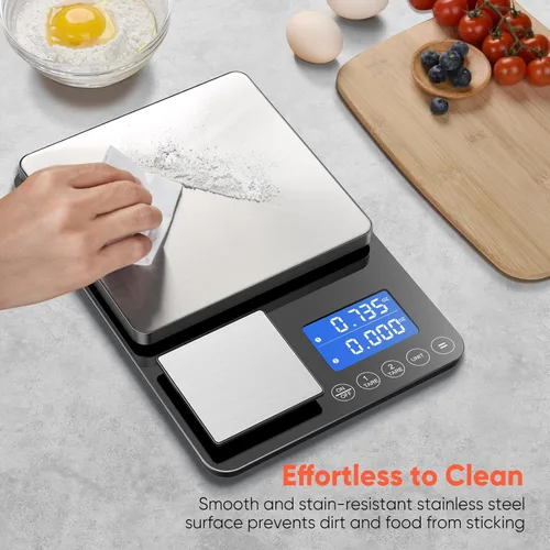 Miniatura 7 de KUAIVO Báscula de cocina de doble plataforma de 0.001 onzas / 33 libras, báscula digital de alimentos con dos superficies de precisión, pantalla