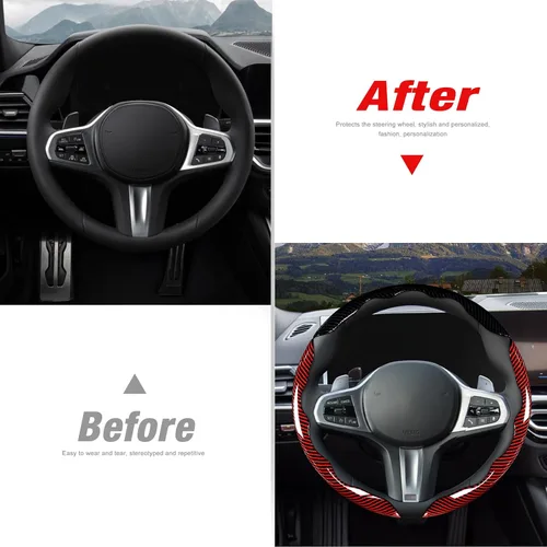 Miniatura 6 de Juego de fundas para volante de automóvil, funda de fibra de carbono brillante, antideslizante, 3 piezas, accesorios para volante de 14.5-15 Negro
